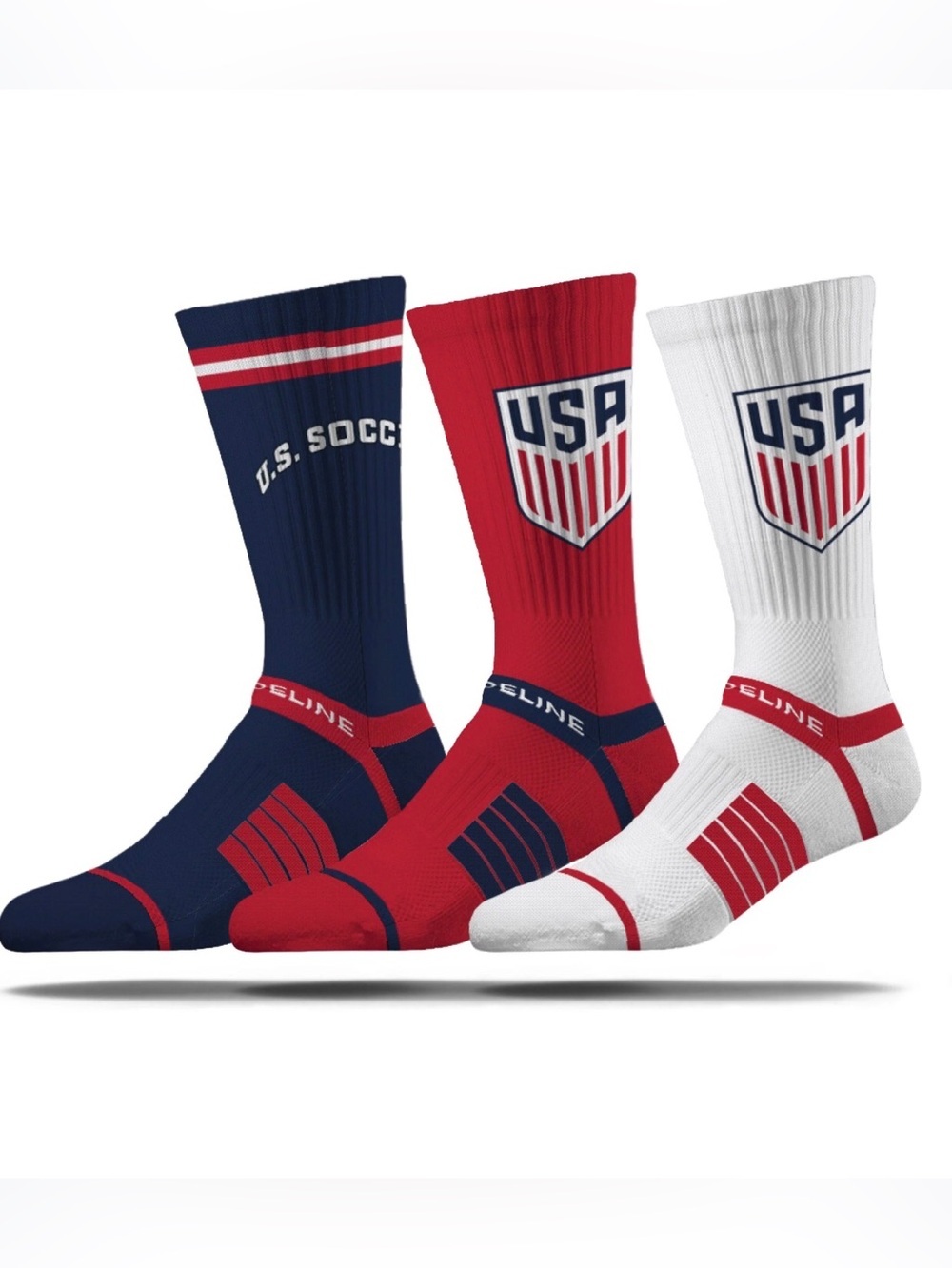 STRIDELINE Men's Crew Soccer Athletic  Socks  Red White and Navy  USA  - 3 Pack